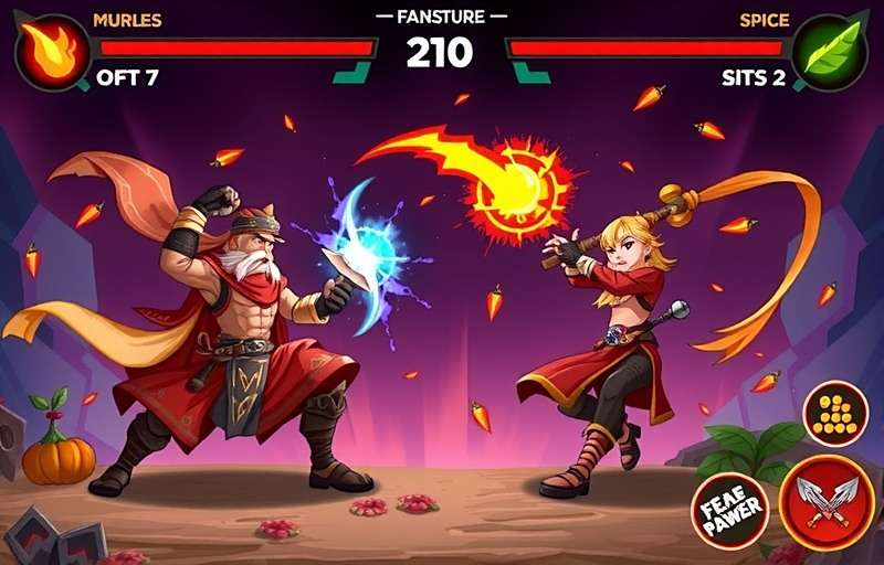 Spice Warriors Battle Combat Scene Spice Warriors Battle gameplay showing two warriors fighting with spice-based powers